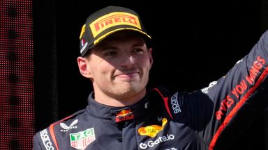 Max Verstappen celebrates on the podium after winning the Italian Emilia Romagna Grand Prix