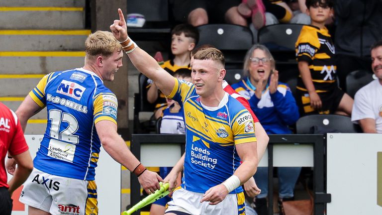Harry Newman of Leeds celebrates after scoring a try in their win over struggling Castleford