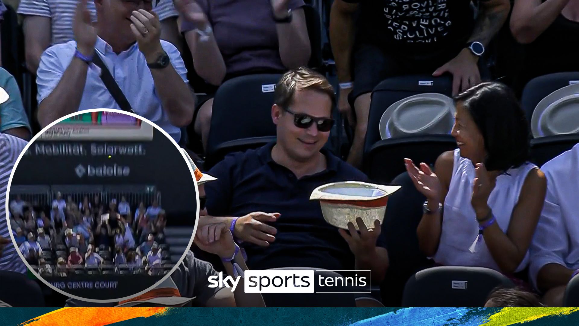 'That's awesome' - Crowd entertained as fan catches ball in his hat!