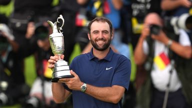 Scottie Scheffler holds the Claret Jug after winning The Open 
