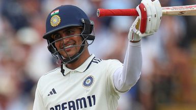 India's captain Shubman Gill, left, celebrates after scoring 250 runs on day two of the second cricket test match between England and India at Edgbaston in Birmingham, England, Thursday, July 3, 2025. (AP Photo/Scott Heppell)