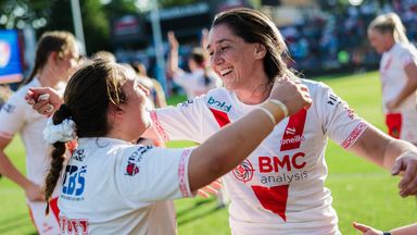 St Helens' Faye Gaskin is congratulated by Darcy Stott after kicking the winning points against Leeds