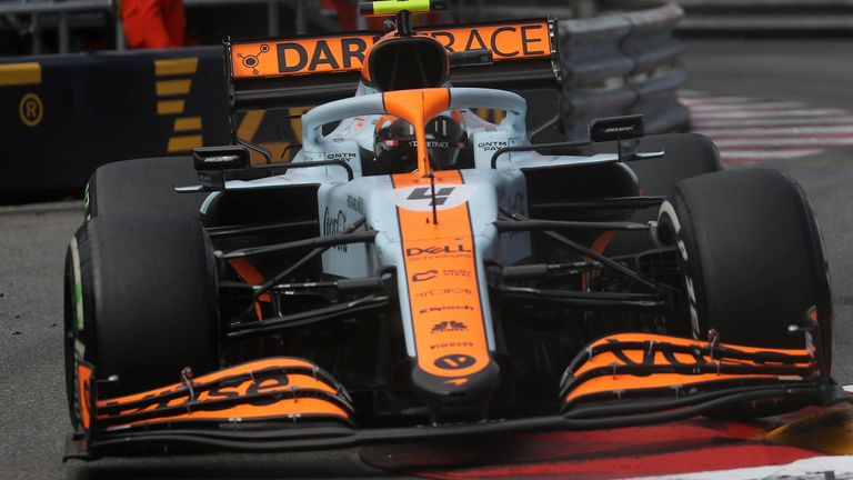 GP von Monaco 2021: McLaren MCL35 in der Sonderlackierung im Gulf-Design.