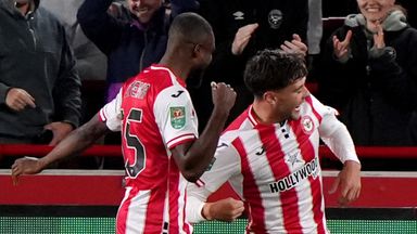 Brentford's Aaron Hickey celebrates after equalising against Aston Villa