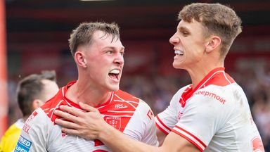 Hull KR's Jack Broadbent celebrates his try against Hull FC with Noah Booth