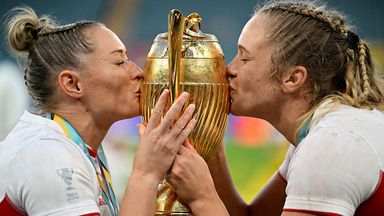 Red Roses captain Zoe Aldcroft (right) and experienced scrum-half Natasha Hunt celebrate Rugby World Cup victory