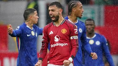 Bruno Fernandes celebrates after scoring Manchester United's opening goal against Chelsea