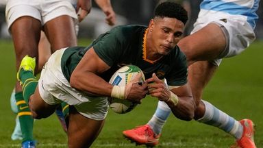 South Africa's Sacha Feinberg-Mngomezulu scores against Argentina