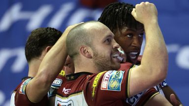 Wigan Warriors' Jake Wardle celebrates scoring a try against Leeds