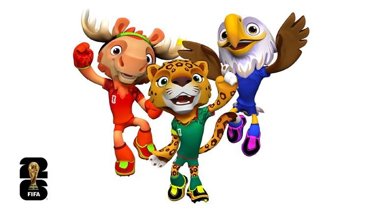 Maple, Zayu und Clutch repräsentieren die Fussball-WM 2026 in den USA, Kanada und Mexiko. 