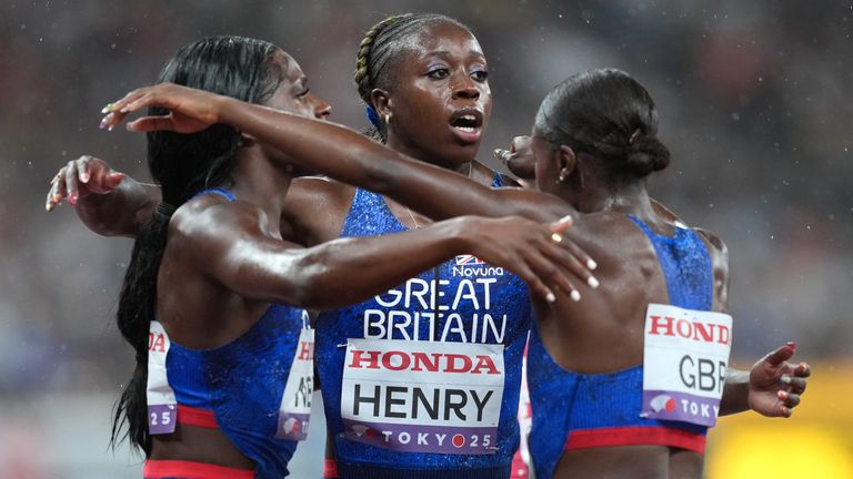 Britain's Daryll Neita, Desiree Henry and Dina Asher-Smith after finishing fourth in the women's 4x100m relay