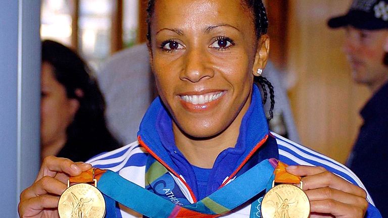 Kelly Holmes with her 800m and 1500m golds from Athens 2004