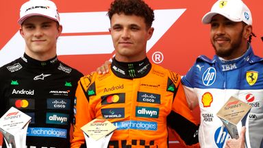 Oscar Piastri, Lando Norris and Lewis Hamilton after finishing in the top three of the Miami Sprint