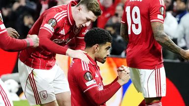 Nottingham Forest's Morgan Gibbs-White (centre) celebrates with team-mates after scoring their side's first goal from a penalty