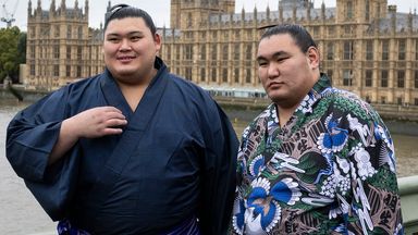 Onosato Daiki (left) and Hoshoryu Tomokatsu (right) ahead of sumo hitting London's Royal Albert Hall from Wednesday