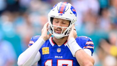 Buffalo Bills quarterback Josh Allen (17) closes his eyes as he walks off of the field during an NFL football game against the Miami Dolphins, Sunday, Nov. 9, 2025, in Miami Gardens, Fla. (AP Photo/Doug Murray)