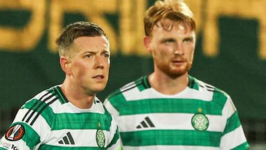 Celtic's Callum McGregor and Liam Scales (R) look dejected during the defeat at Midtjylland