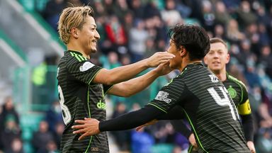 Daizen Maeda celebrates with Reo Hatate after scoring Celtic's opening goal against Hibs