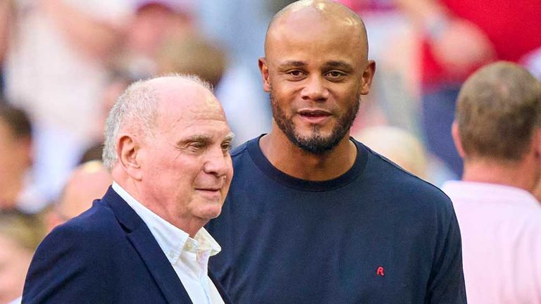 Uli Hoeness (l.) ist sehr zufrieden mit der Arbeit von Bayern-Trainer Vincent Kompany.