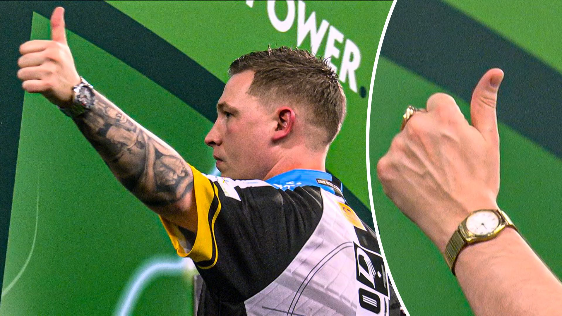 Dobey mimics Gilding's thumbs up celebration