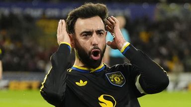 Manchester United's Bruno Fernandes celebrates after scoring against Wolves