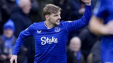 Everton's Kiernan Dewsbury-Hall celebrates after Nottingham Forest's Nikola Milenkovic scores an own goal