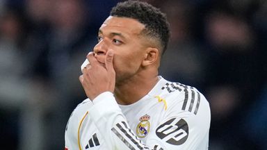 Real Madrid's Kylian Mbappe reacts during the Spanish La Liga soccer match between Real Madrid and Celta Vigo in Madrid, Spain, Sunday, Dec. 7, 2025. (AP Photo/Manu Fernandez)