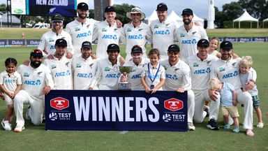 New Zealand celebrate their Test victory over the West Indies in the three-match series