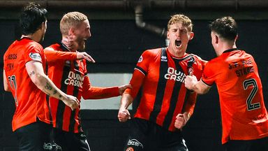 Dundee United's Zac Sapsford (centre) celebrates scoring to make it 2-1 against Celtic to condemn new Hoops boss Wilfried Nancy to a fourth successive defeat