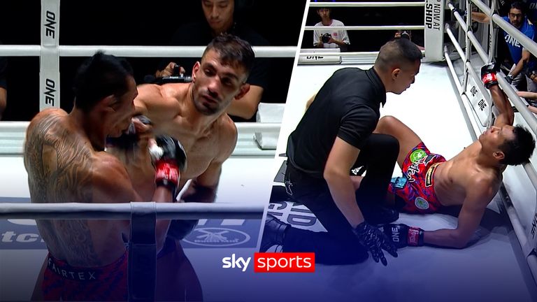 ONE fight Mohammad Siasarani lands a brutal knockout with his right-hand, which leaves his opponent Jo Nattawut unable to pick himself from the canvas before the referee's count