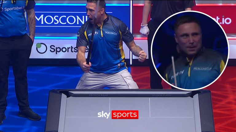 Watch Gerwyn Price sink the winning shot in a Mosconi Cup exhibition match at Alexandra Palace