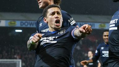 James Tavernier (left) celebrates scoring a penalty to make it 2-0 at Pittodrie