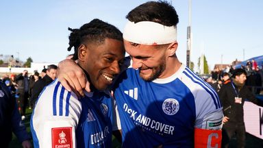 Goalscorers Paul Dawson and Isaac Buckley-Ricketts celebrate following Macclesfield's shock FA Cup win against Crystal Palace