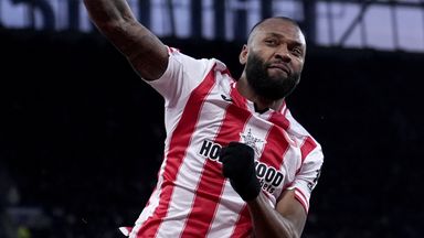 Igor Thiago celebrates scoring his second goal in Brentford's victory at Everton