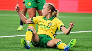 Hammarby's Julie Blakstad celebrates with Cathinka Tandberg, top, after scoring during a women's Champions League qualifying soccer match between Hammarby and Metalist Kharkiv at 3 Arena in Stockholm, Sweden, Wednesday, Aug. 27, 2025. (Magnus Lejhall