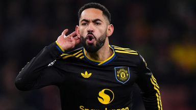 Matheus Cunha celebrates after giving Manchester United a 3-2 lead at Arsenal