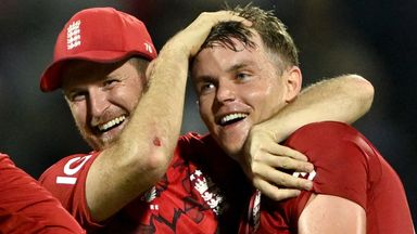 England's Sam Curran celebrates his T20I hat-trick against Sri Lanka after dismissing Dasun Shanaka, Maheesha Theekshana and Matheesha Pathirana in Pallekele