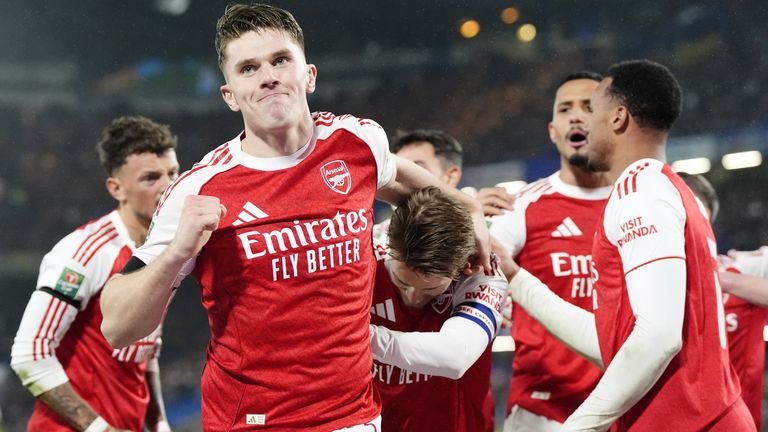 Viktor Gyokeres celebrates with team-mates after putting Arsenal 2-0 up against Chelsea in the first leg of Carabao Cup semi-final