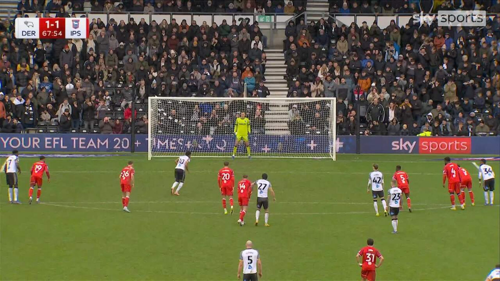 Derby draw level against Ipswich after Rhian Brewster penalty