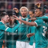Liverpool players celebrate with Virgil van Dijk against Sunderland