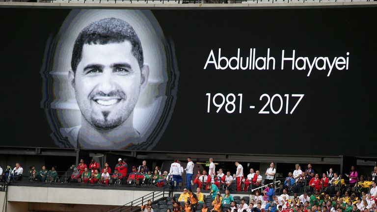 The screen at London Stadium shows a message remembering Abdullah Hayayei at the IPC World ParaAthletics Championships 