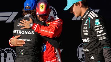 Mercedes driver Andrea Kimi Antonelli, left, of Italy is hugged by Ferrari driver Lewis Hamilton of Britain