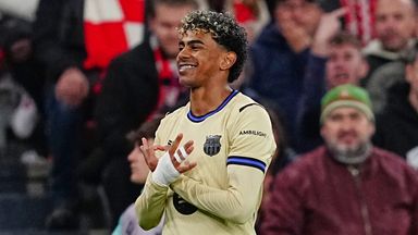 Barcelona's Lamine Yamal celebrates scoring his side's opening goal at Athletic Bilbao