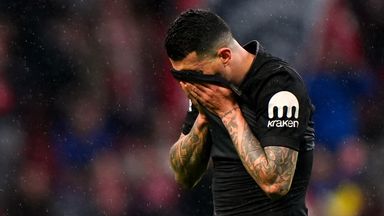 Tottenham Hotspur's Pedro Porro reacts after heavy defeat to Atletico Madrid in Spain