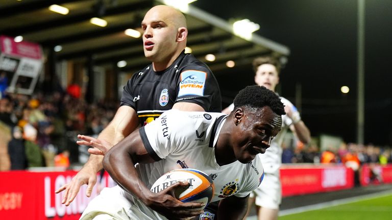 Exeter Chiefs' Paul Brown-Bampoe (front) goes on to score a try 