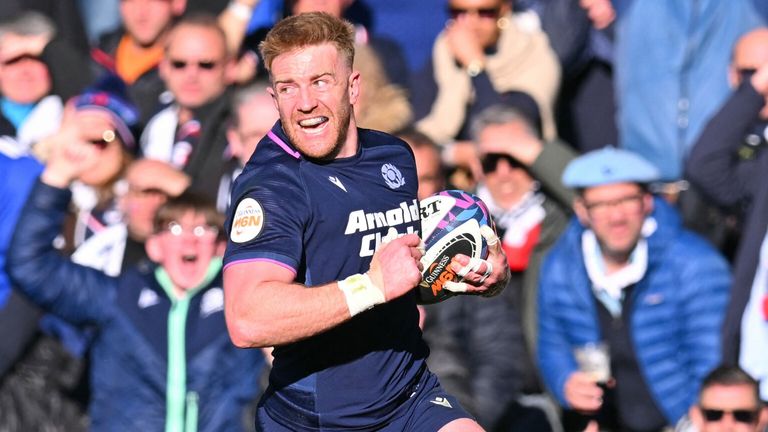 Kyle Steyn runs in Scotland's fifth try against France