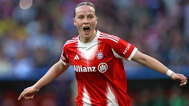 Franziska Kett celebrates her Bayern goal against Barcelona in the Women's Champions League