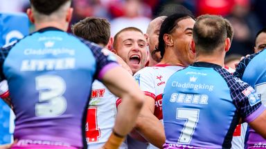 Hull KR's Mikey Lewis celebrates Jack Broadbent's try against Hull FC.