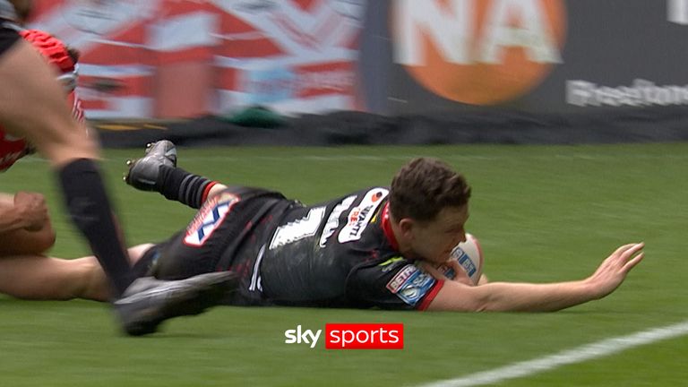 Jai Field scores on his return after a perfectly weighted grubber from Harry Smith sends him through to extend Wigan’s lead