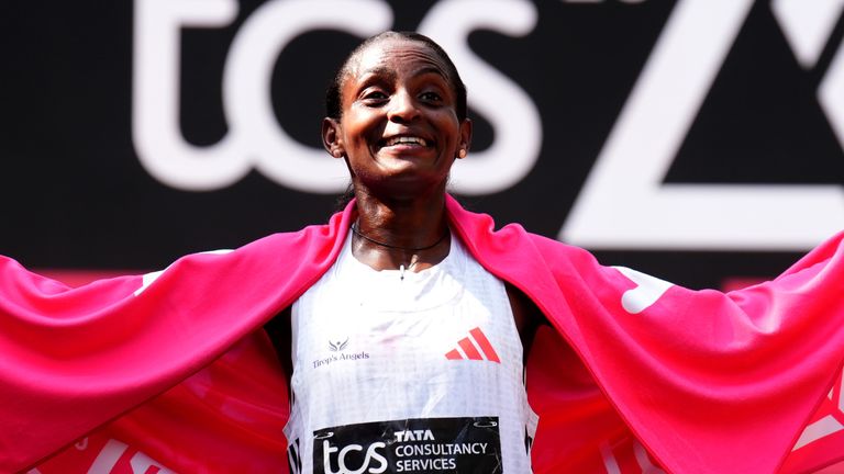 Tigst Assefa celebrates winning the 2025 women's elite race 